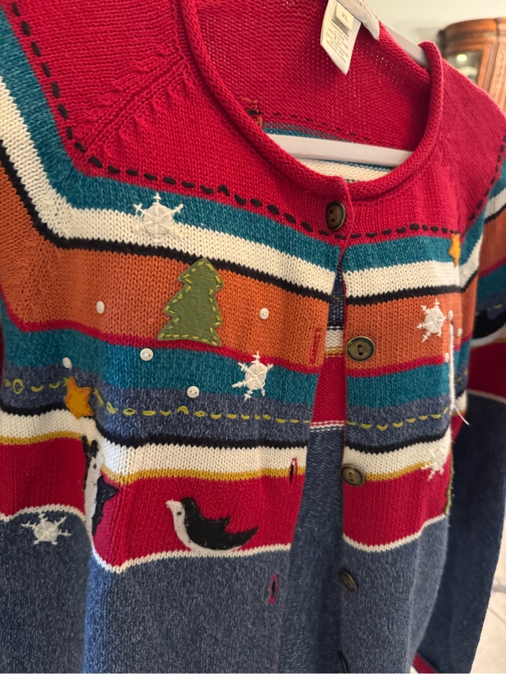 Susan Bristol XL Christmas Cardigan Embroidered Penguins Trees Sweater - Picture 3 of 6